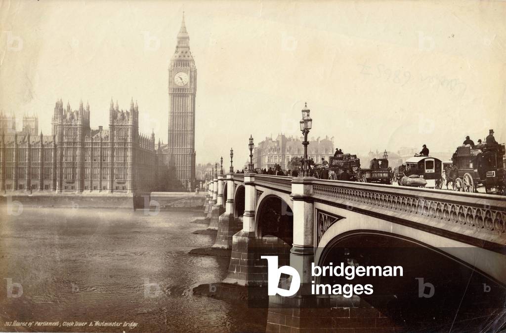 House of Parliament, Clock Tower and Westminster Bridge, London, c.1885 (b/w photo)