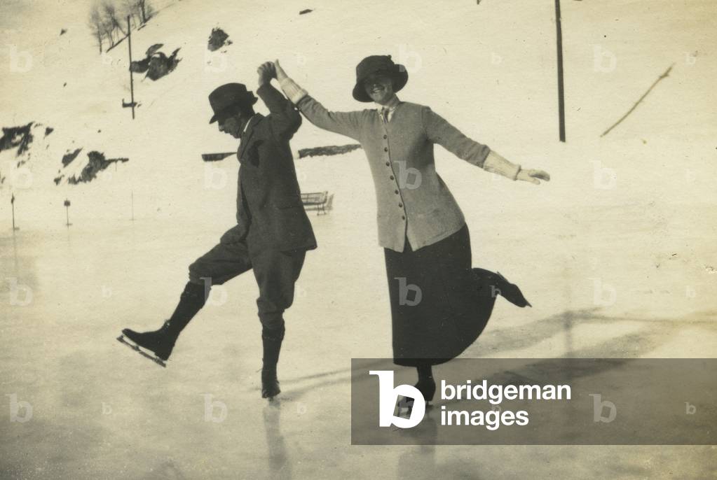 Mr. Houghton and P. L-B ice skating, c.1910 (b/w photo)