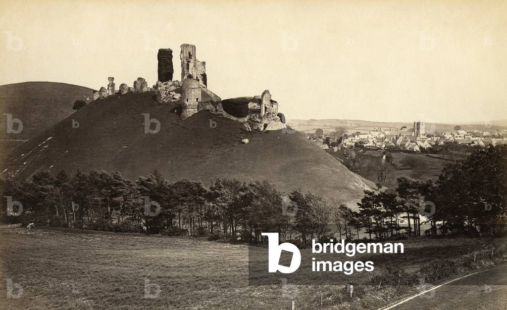 View of Corfe Castle, Dorset (b/w photo)