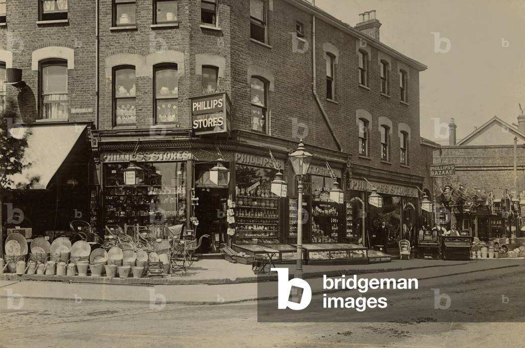 View of Phillips' Stores, Grove Hill Street, Camberwell, London, c.1900 (b/w photo)