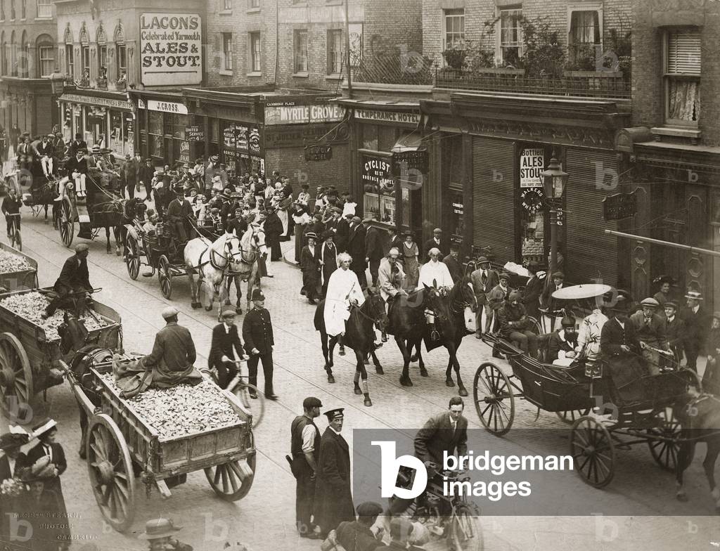 Mock funeral, Hills Road, Cambridge, 1911 (b/w photo)