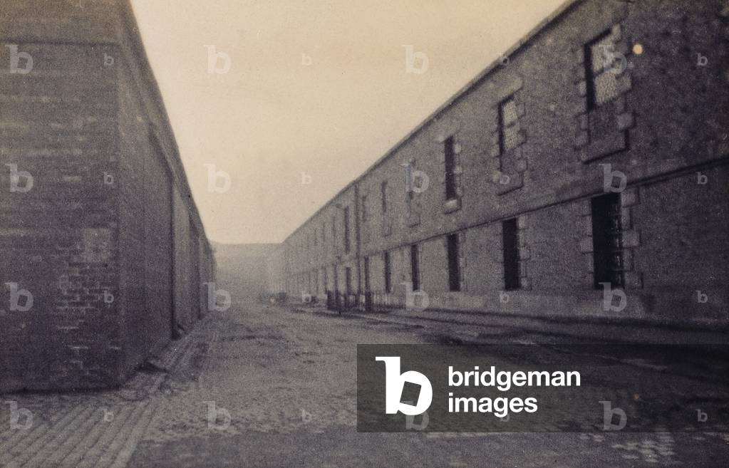 View of an empty cobbled street (b/w photo)