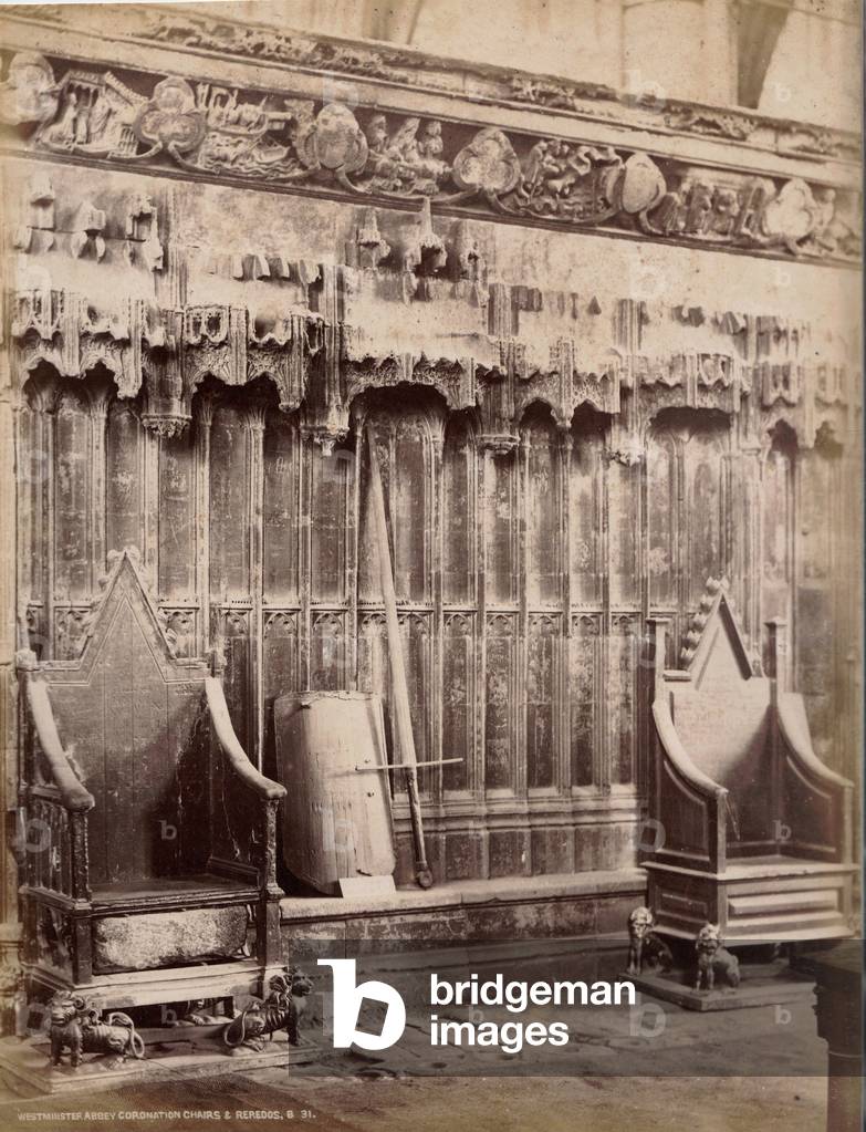 Westminster Abbey Coronation Chairs and Reredos, London, c.1885 (b/w photo)