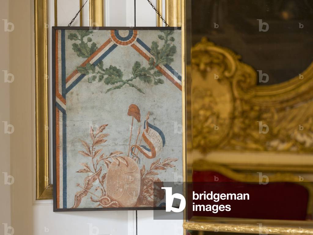 Galerie Doree transformed into National Printing at the Revolution: remains of paper with blue background cut of tricolor strips, with revolutionary symbols and Phrygian cap. Banque de France. Hotel de Toulouse, former hotel de la Villiere, Paris - Hotel de Toulouse, headquarters of the Banque de France -