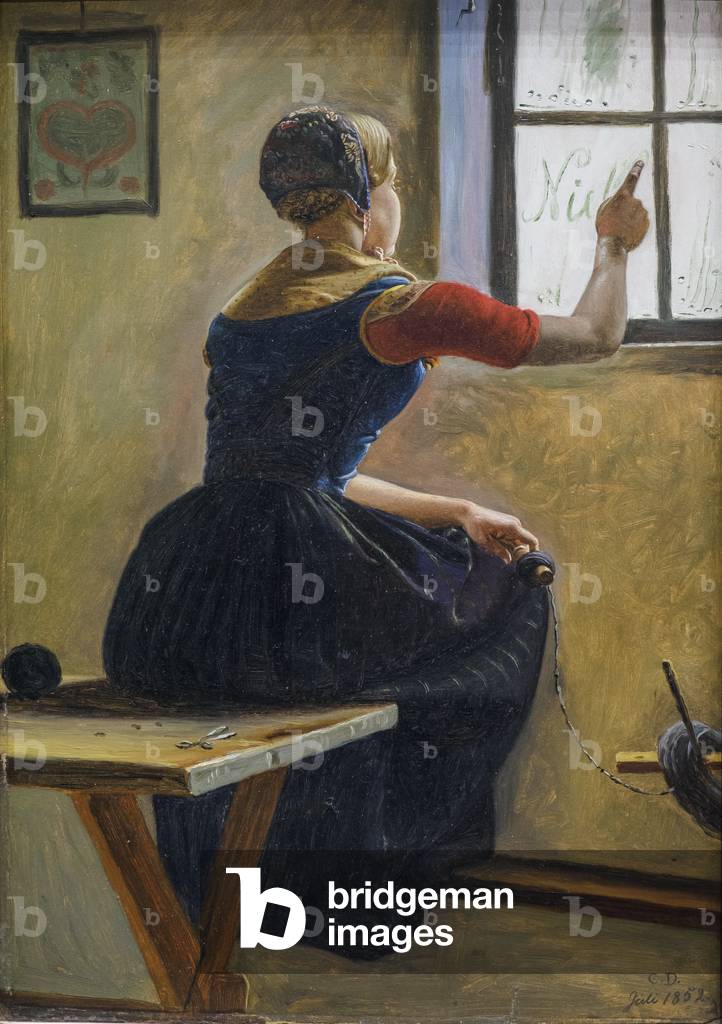 A Young Peasant Girl from Jutland writes the Name of her Friend on a Misted Windowpane, 1852 (oil on paper mounted on canvas)