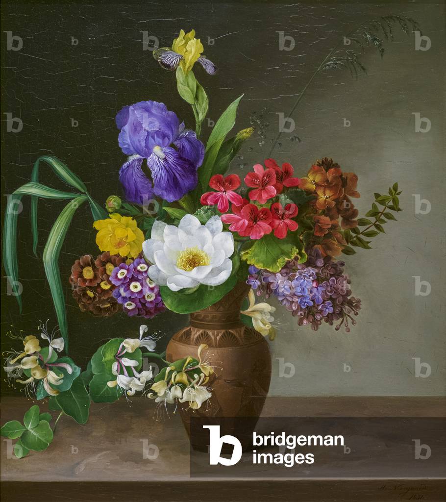 A Vase in the Greek Style with Iris, Lilac (oil on metal)