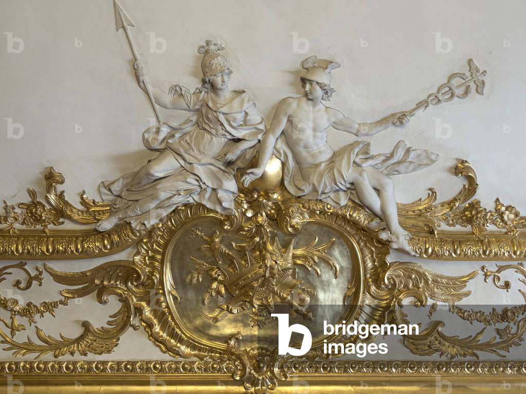 Minerva and Mercury. White stucco sculpture by Nicolas Sebastien Adam, known as Adam the younger or Adam the younger (1705-1778). Princess's parade or parade room. Hotel de Soubise, Paris, 18th century