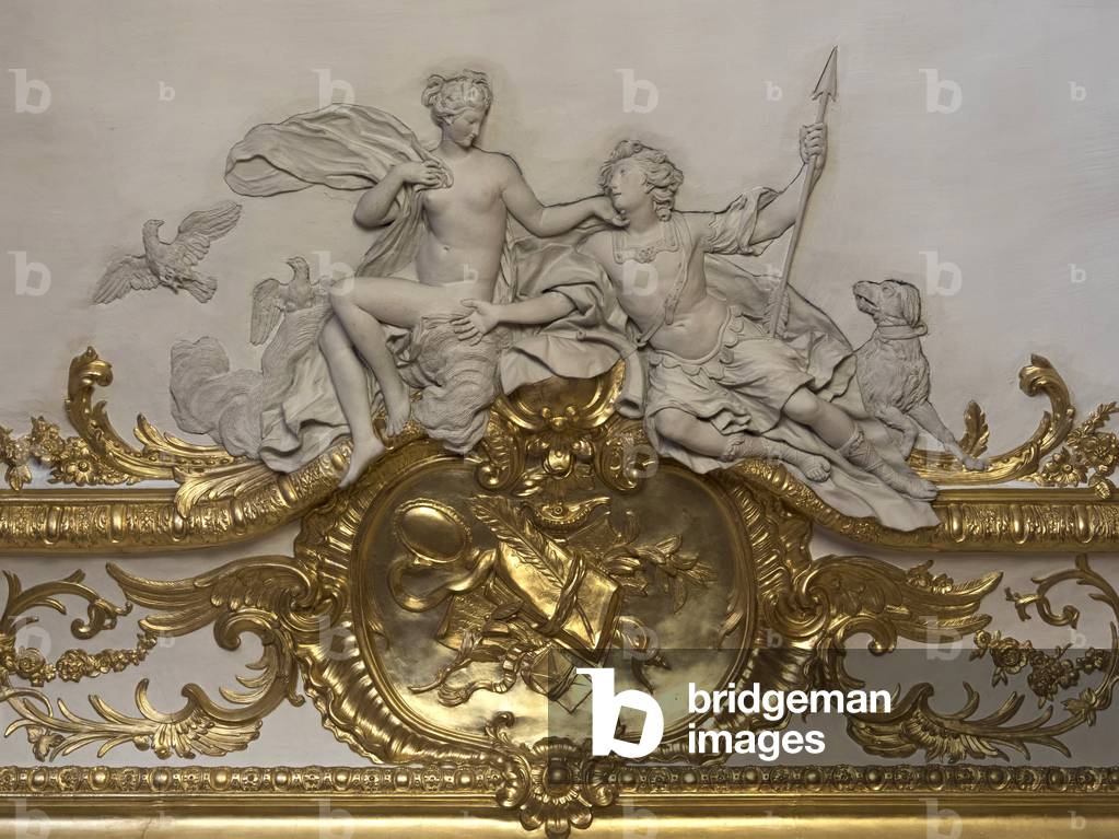 Venus and Adonis. White stucco sculpture by Nicolas Sebastien Adam, known as Adam the younger or Adam the younger (1705-1778). Princess's parade or parade room. Hotel de Soubise, Paris, 18th century