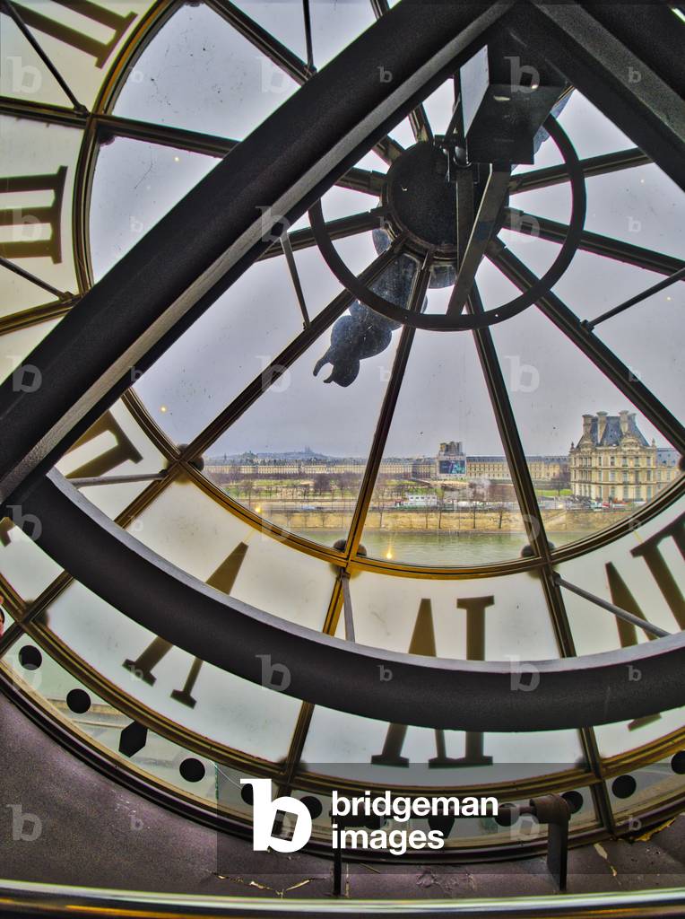 The Orsay Museum. Paris. France - View of the exterior clock on level 5, overlooking the Louvre - Musee d'Orsay, Paris - Photography 2017