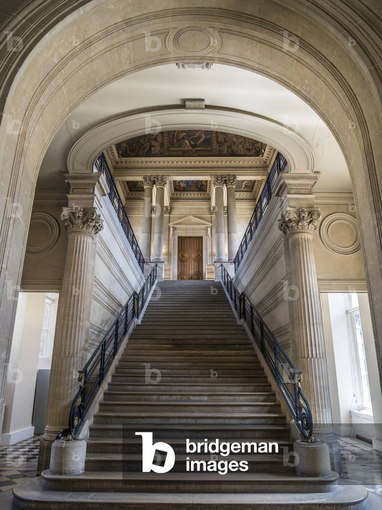 The staircase, architect Charles Lelong (1793-1861) and Edouard Dubois (1795-1813), between 1840 and 1846. On the ceiling, France attaching its archives to the dawn of time, painting by Felix Jobbe Duval (1821-1889), between 1877 and 1881. Hotel de Soubise, Paris, 18th century