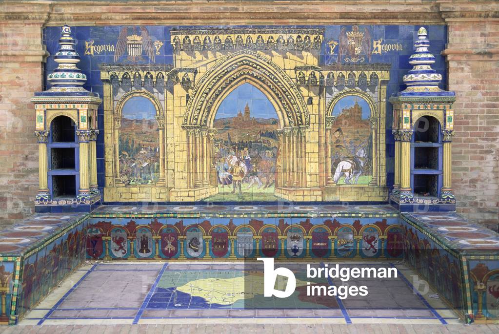 Detail of the semicircular arcade, tiled and columned section representing a province of Spain, designed by Anibal Gonzalez y Alvarez Osorio (1876-1929) 1914-28 (photo) (see also 239625, 239626 and 239628)