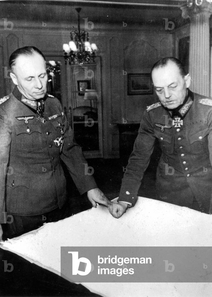 Erwin Rommel with Gerd von Rundstedt studying a map, 1944 (b/w photo)