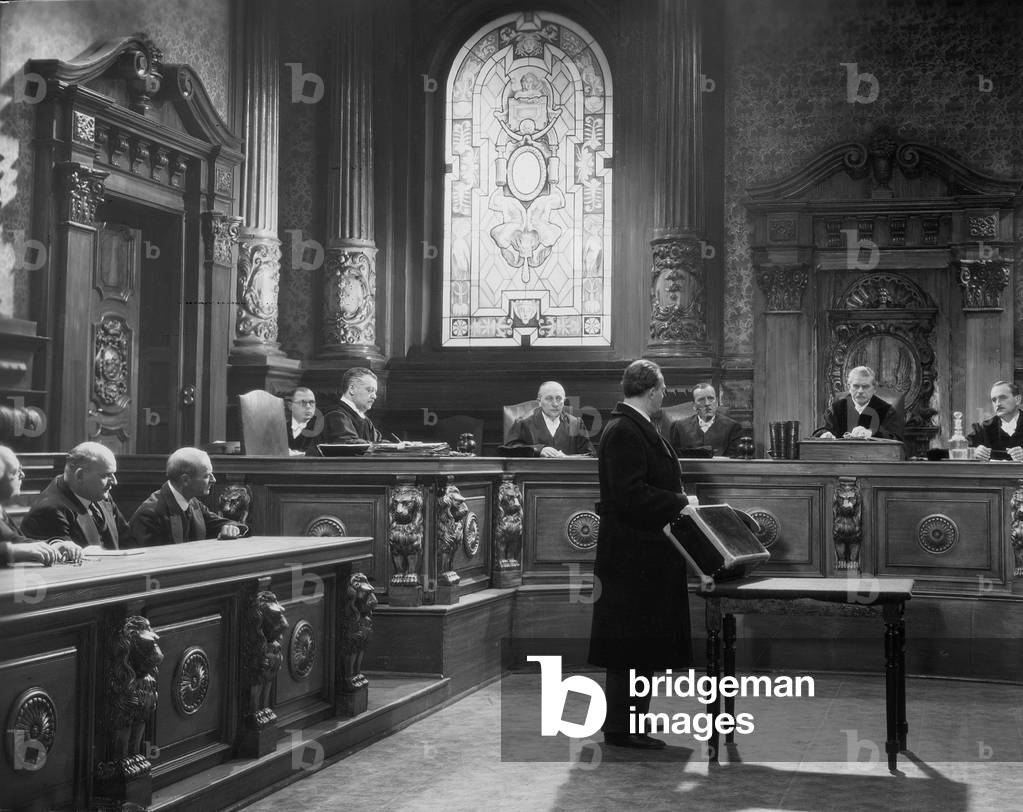 Court scene from a movie (b/w photo)