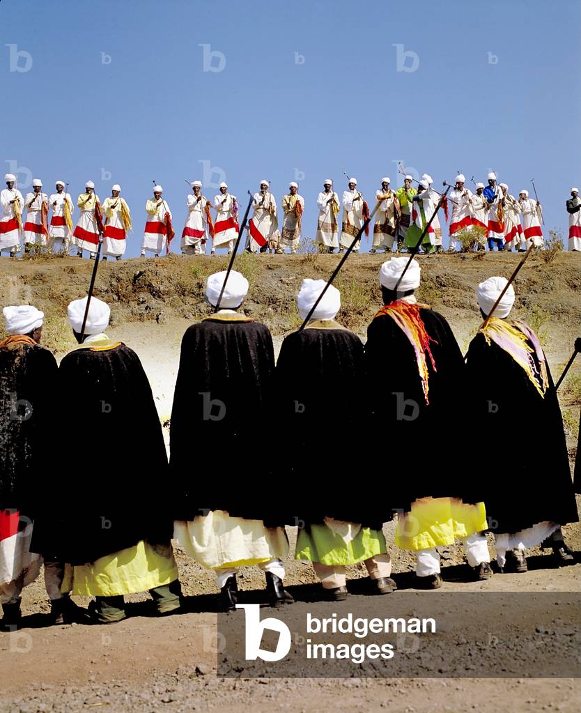 Dance of Coptic priests at Timkat (Epiphany), the largest religious festival in the country, Ethiopia, 1994 (photo)