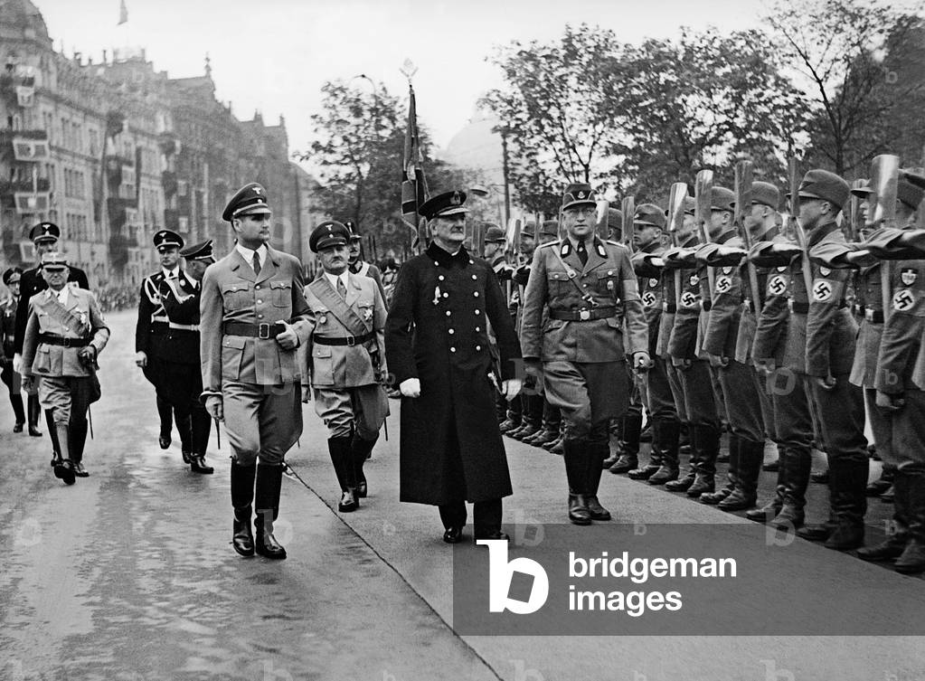 Ludwig Siebert, Heinrich Himmler, Rudolf Hess, Julius Streicher, Miklos Horthy in Nuremberg, 1938 (b/w photo)