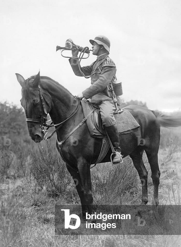 Bugler at artillery exercises, 1928 (b/w photo)