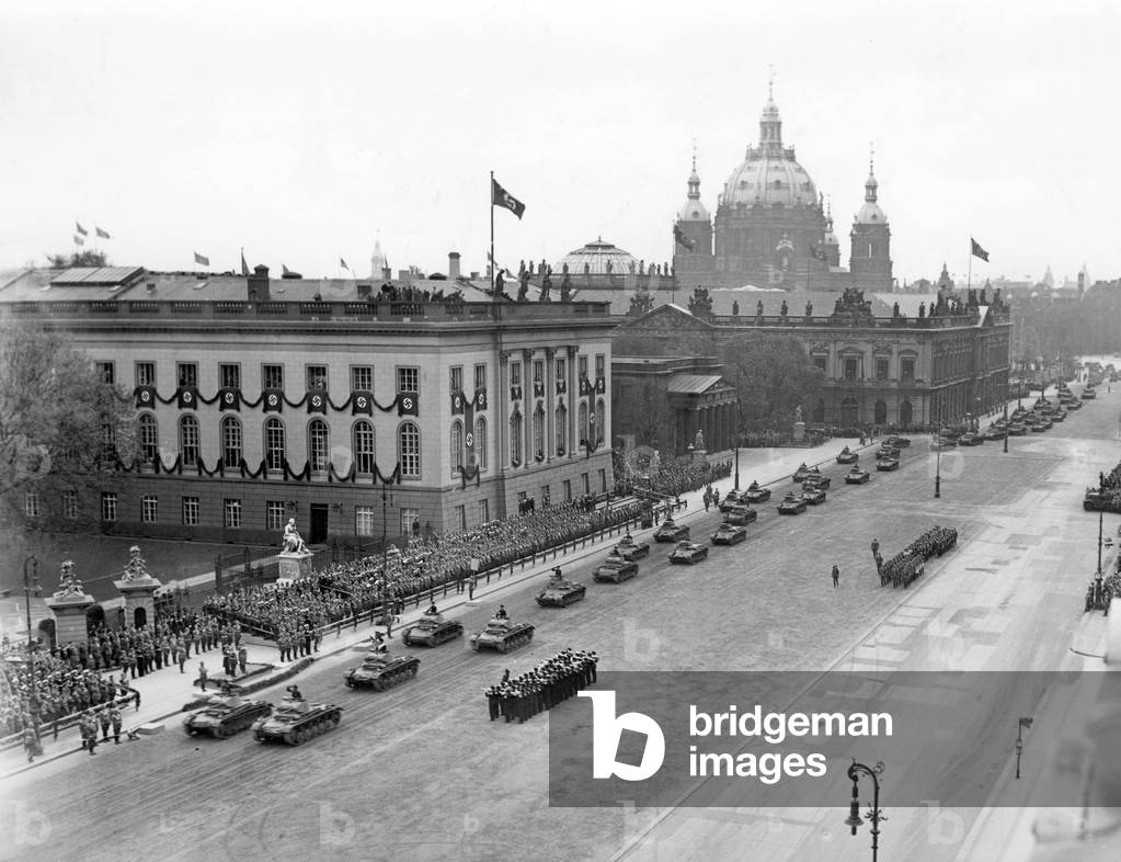 Military parade on Adolf Hitler's birthday in Berlin, 1938 (b/w photo)
