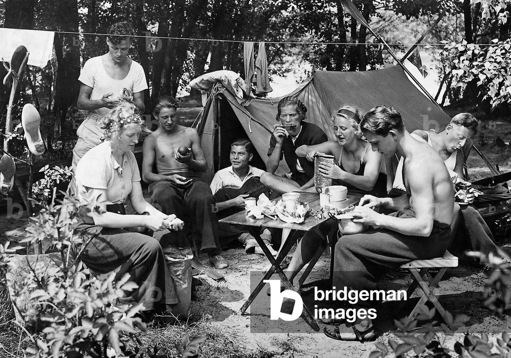 Camping in the countryside surrounding Berlin, 1937 (b/w photo)