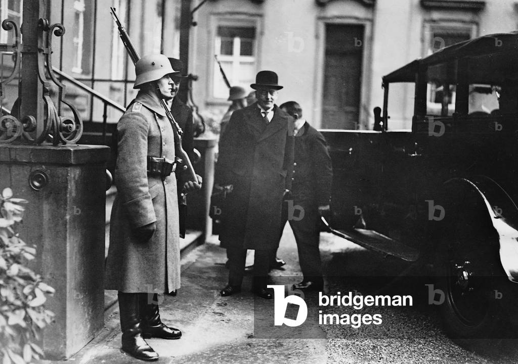Heinrich Bruening on the way to the presidential palace, 1931 (b/w photo)