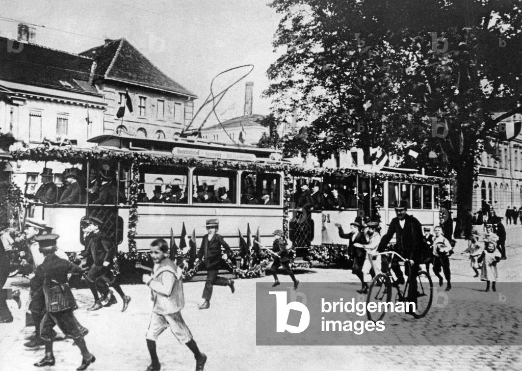 The first electric tram in Potsdam, 1907 (b/w photo)