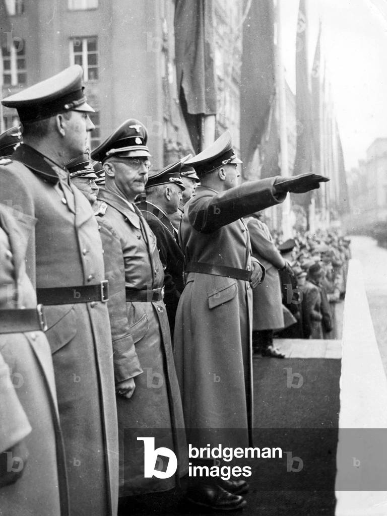 Hans Frank, Heinrich Himmler, Kurt Daluege take a parade, 1940 (b/w photo)