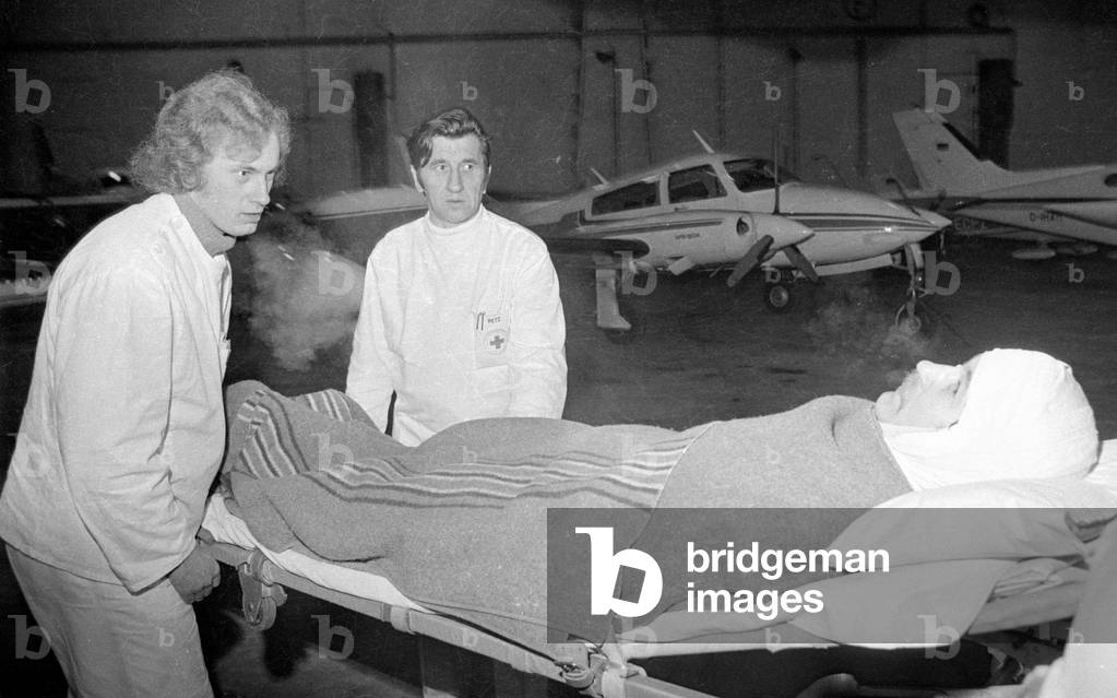 Patient transport by air, 1974 (b/w photo)