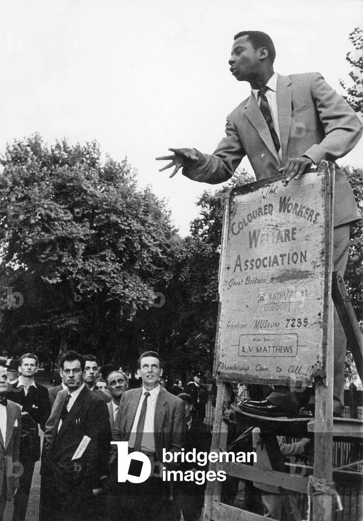 Orator in the Hyde Park in London during the race riots in 1958 (b/w photo)