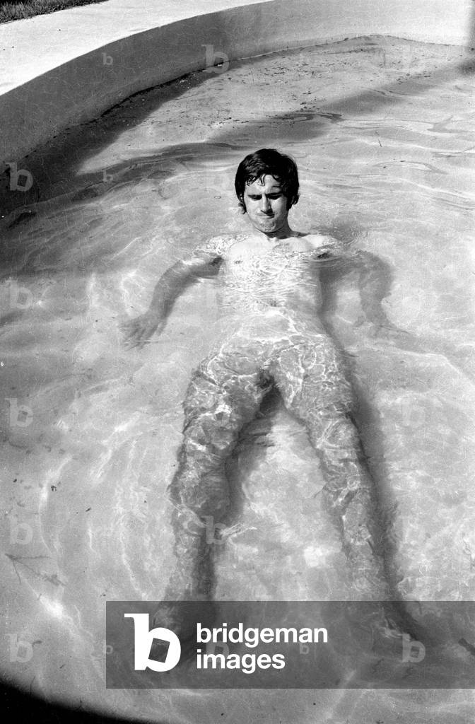 Gerd Mueller in the pool of the accommodation of the German team in Mexico, 1974 (b/w photo)