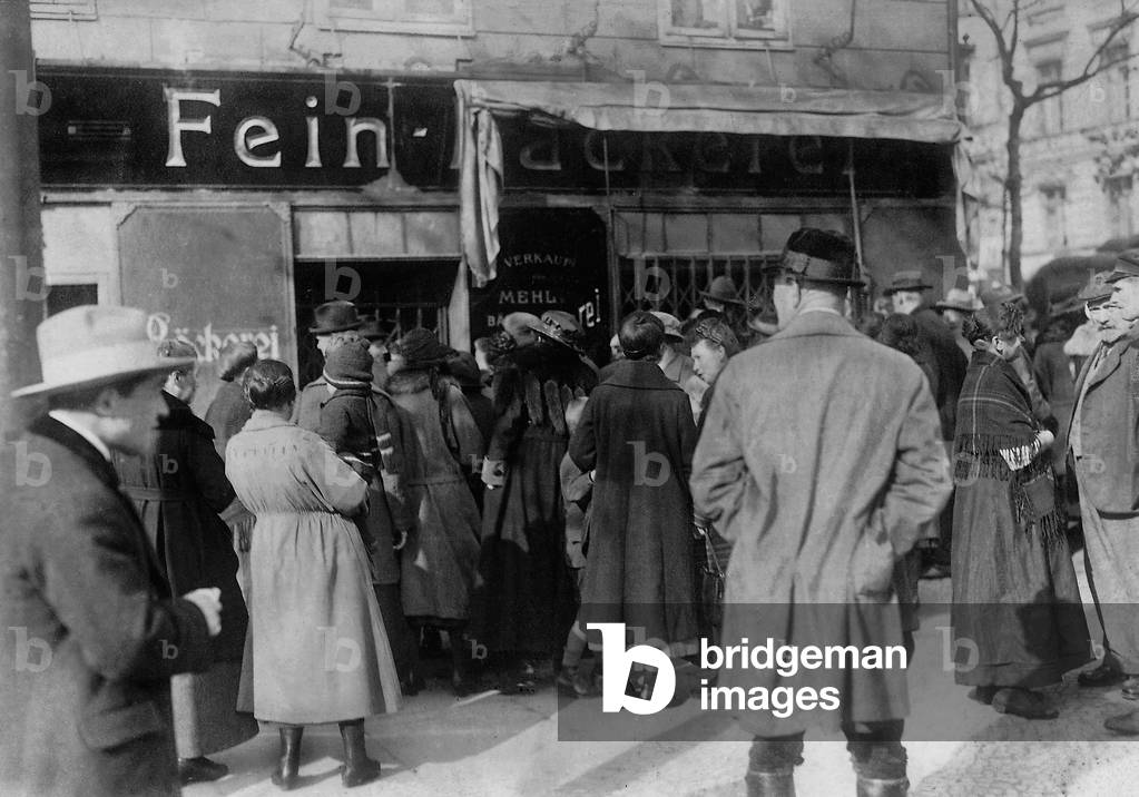 Barricaded bakery in Berlin, 1923 (b/w photo)