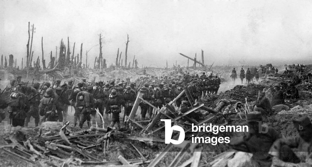 Destroyed landscape at the Western Front, 1917 (b/w photo)