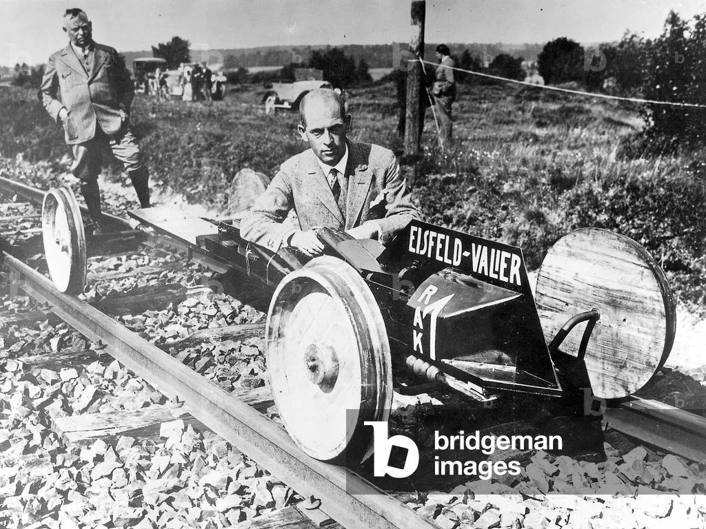 Max Valier in his rocket car, 1929 (b/w photo)
