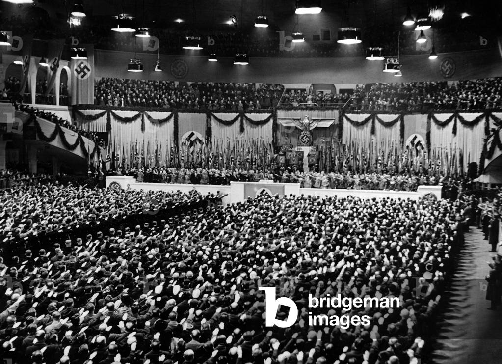 Minister of Propaganda Goebbels reads out Hitler's proclamation on the 10th anniversary of the takeover, 1943