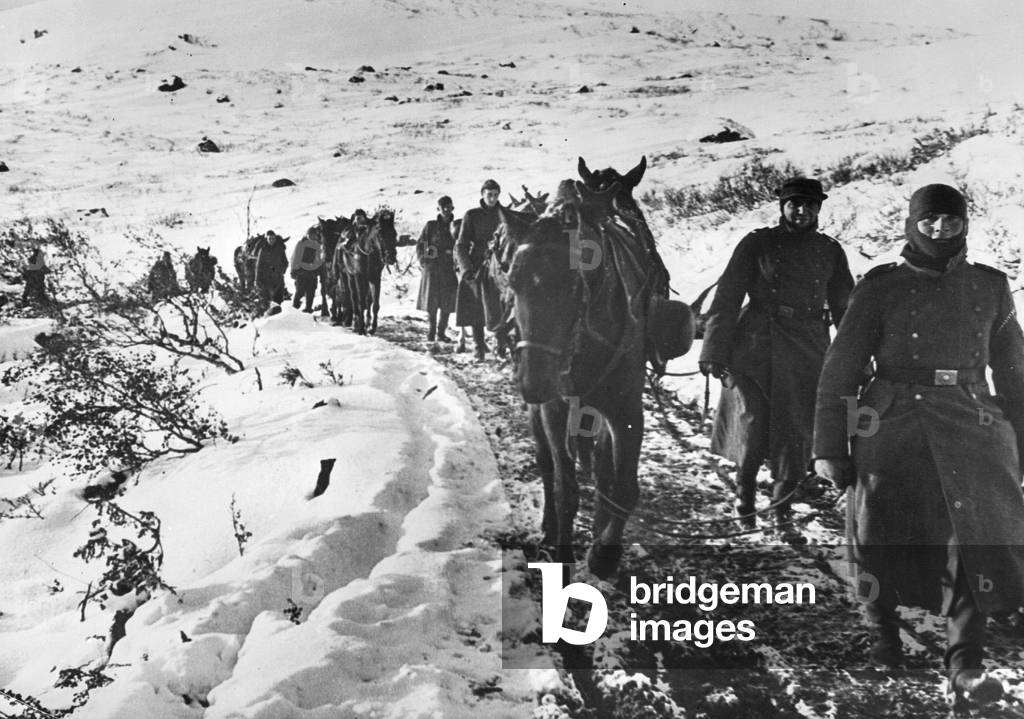 German supply convoy on the Arctic Ocean front, 1941 (b/w photo)
