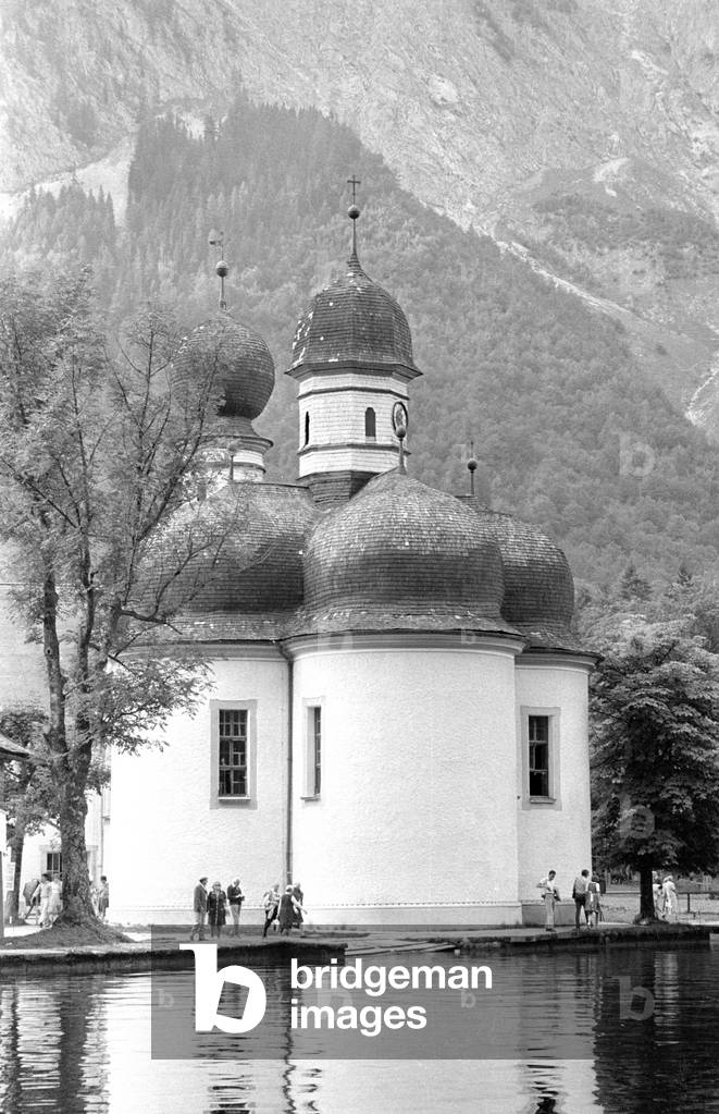 St. Bartholomew's Church on Koenigssee lake, 1974 (b/w photo)