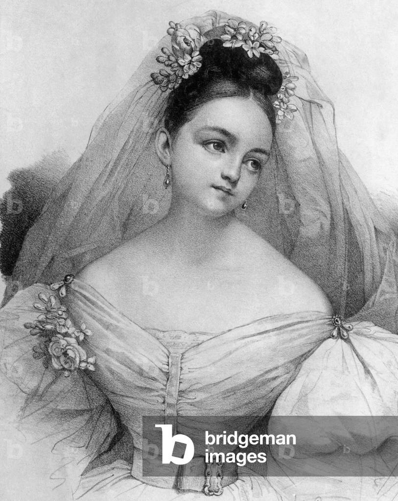 Bridal fashion, 1866 (b/w photo)