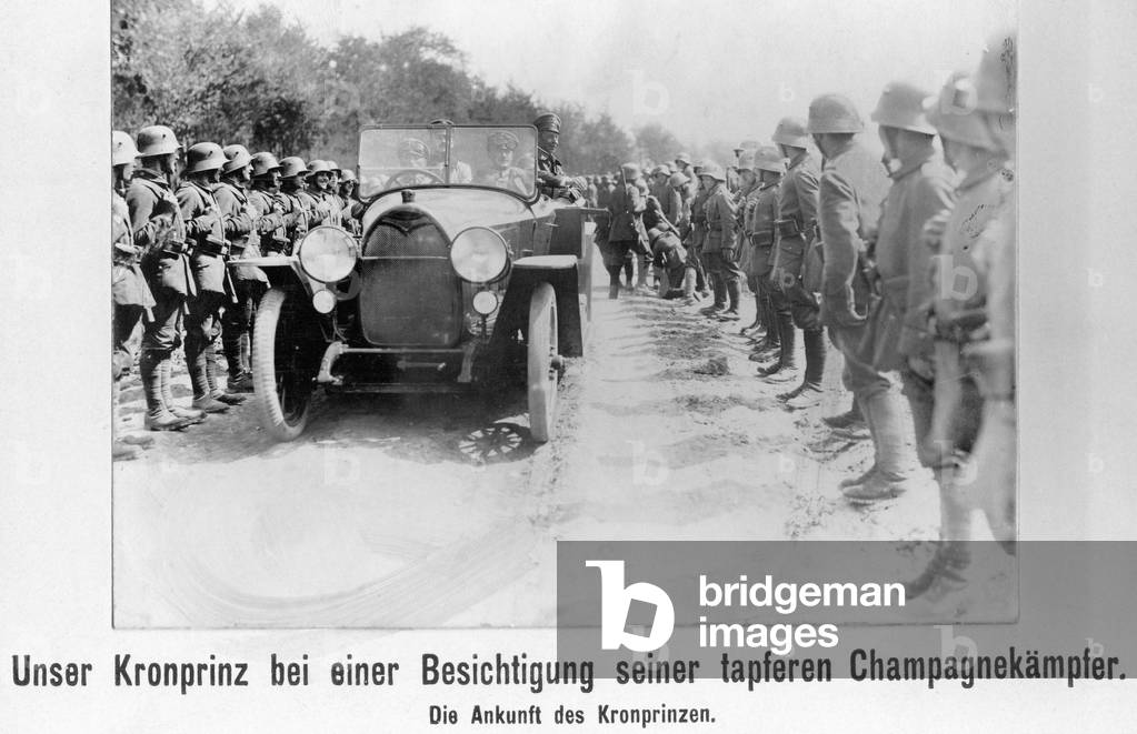 Crown Prince Wilhelm of Prussia during the troop visit in Champagne, 1917 (b/w photo)