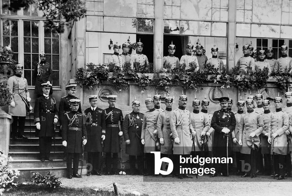 British King George V during a visit to Germany, together with Kaiser Wilhelm II and (front right in dark uniform), the 1st Guard Dragoons, 1913 (b/w photo)