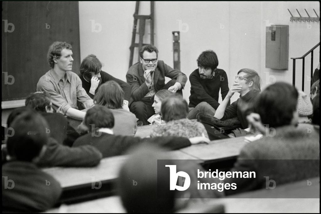 Students on strike debating, Frankfurt 1969 (b/w photo)