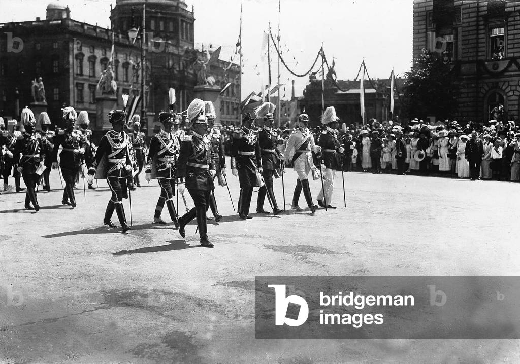 Kaiser Wilhelm II on the way to reading the proclamation, 1913 (b/w photo)