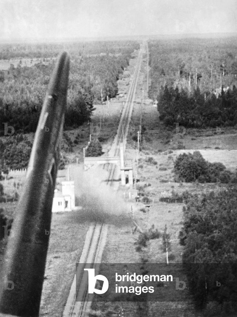 German air attack on a stretch of train track on the Eastern front, 1941 (b/w photo)