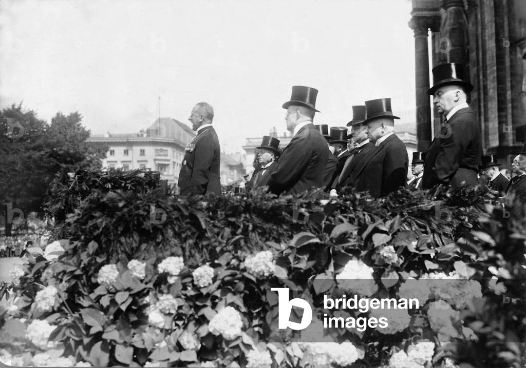 Friedrich Ebert, Wilhelm Marx and Gustav Stresemann at the Heroes Commemoration Day, 1924 (b/w photo)