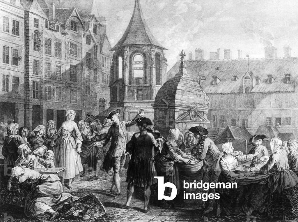 Market in Paris in the 18th century (b/w photo)