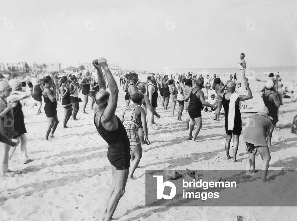 Gymnastics on the beach of Miami, 1929 (b/w photo)