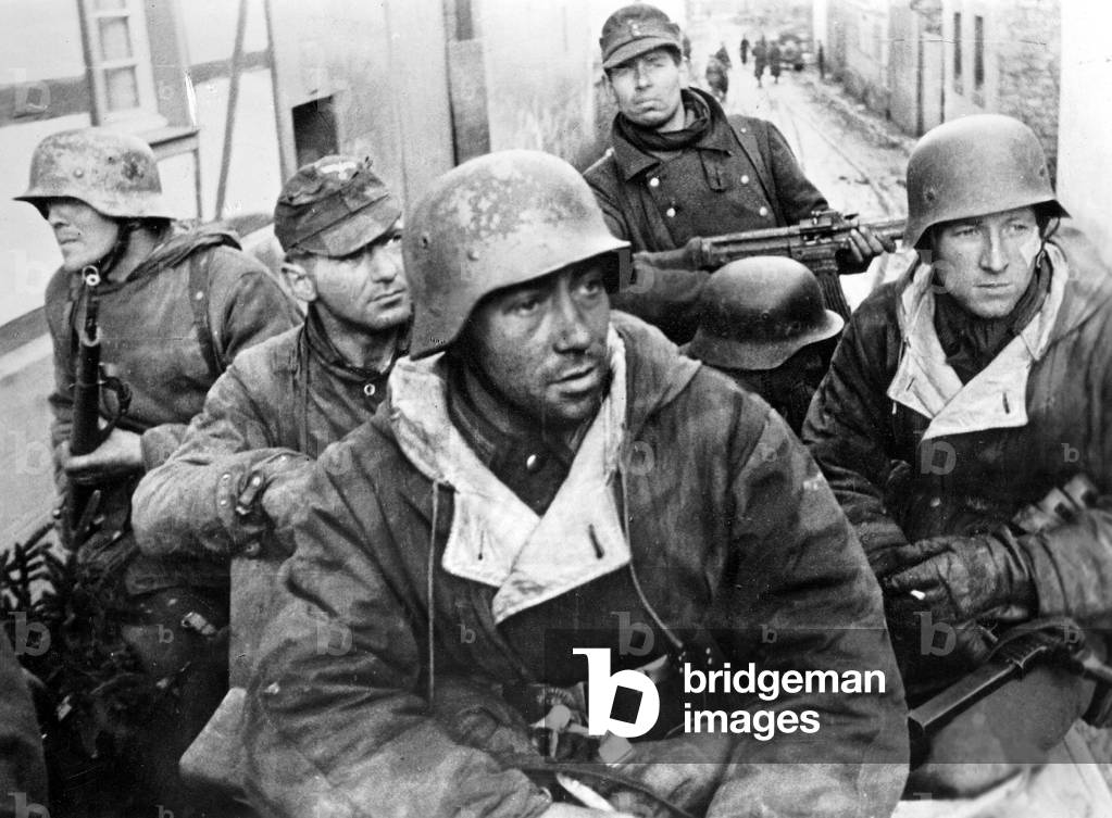 German soldiers on armored personnel carriers, 1945 (b/w photo)