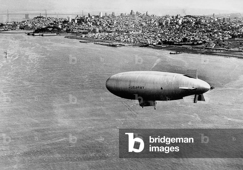 Airship over San Francisco, 1937 (b/w photo)
