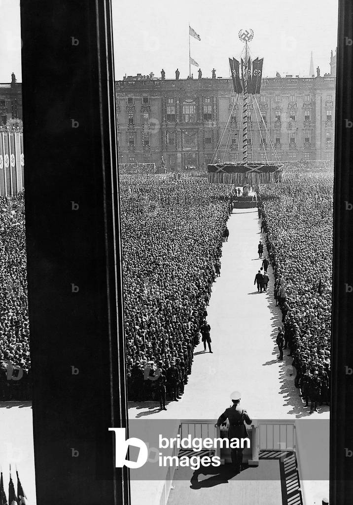 Adolf Hitler speaks at the rally for the First of May, 1937 (b/w photo)