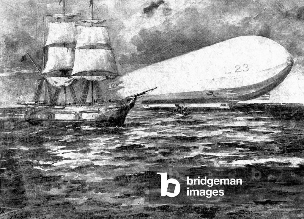 The airship L 23 with the norwegian bark 'Royal', 1917 (b/w photo)