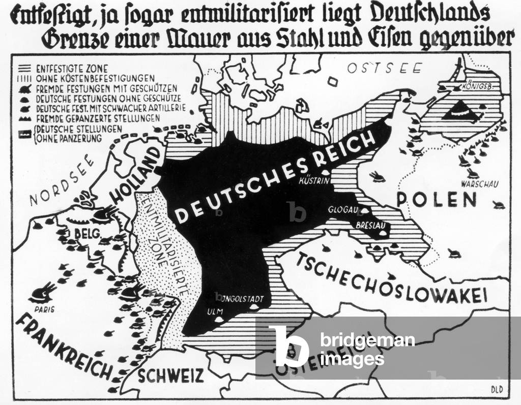 Map of the defortified and demilitarized Germany under the Treaty of Versailles
