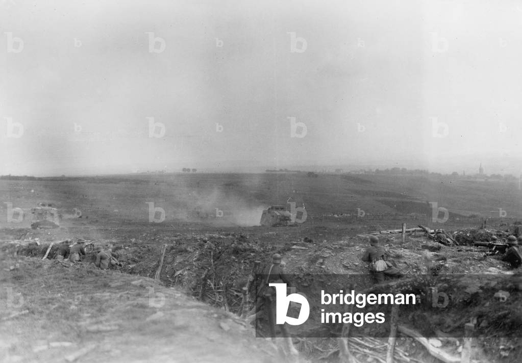 Training with tanks, 1917 (b/w photo)