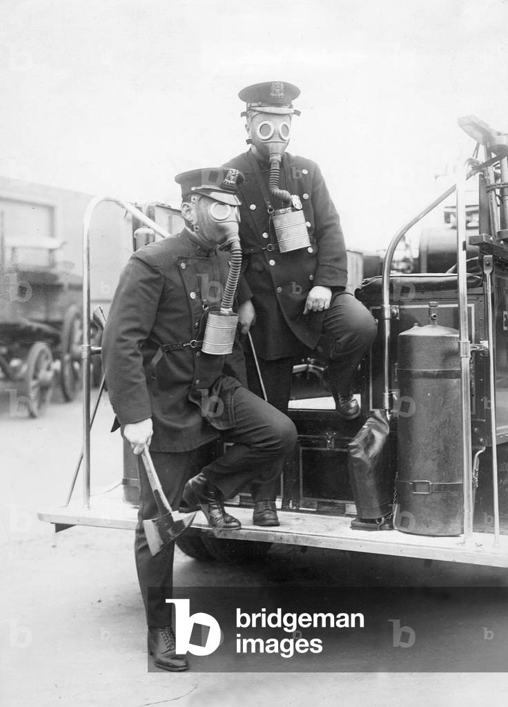 Police with gas masks, 1931 (b/w photo)